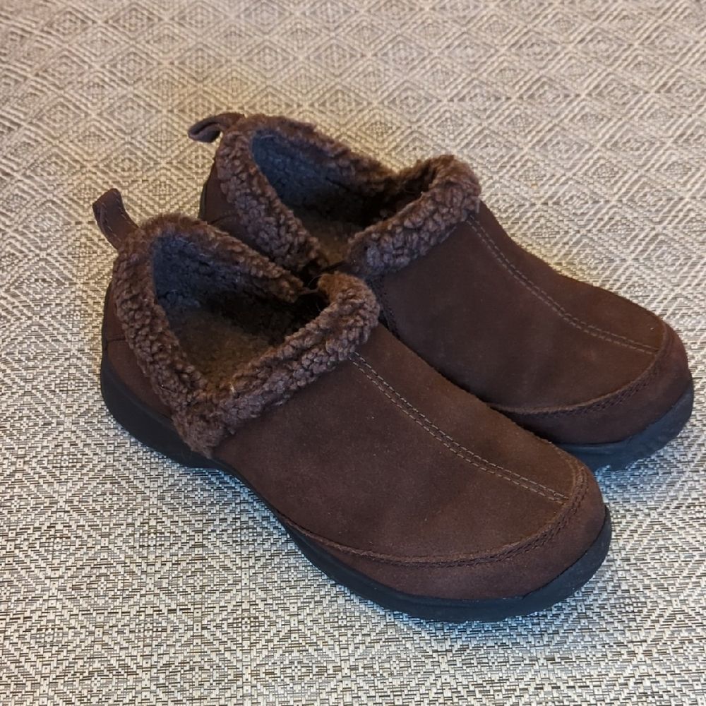 Lands End Chalet Clog Chocolate Brown Suede Faux Fur Lined Slip-On Walking Shoes